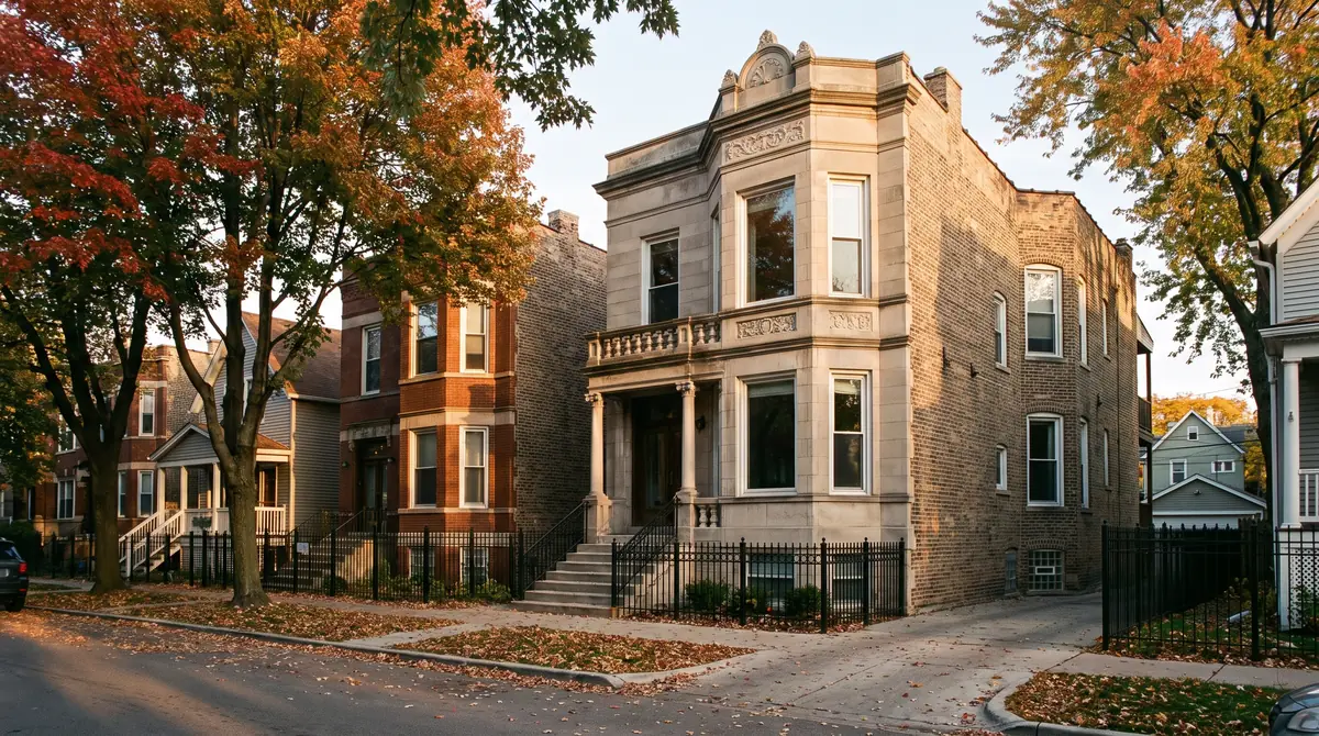 A classic Chicago greystone two-flat on a tree-lined residential street